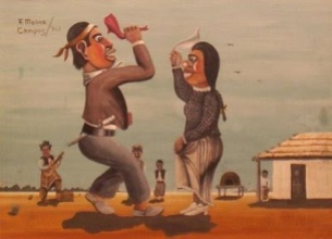 Obra de Molina Campos donde se observa a un Gaucho y una China bailando una danza folklorica con el ranchito de fondo.